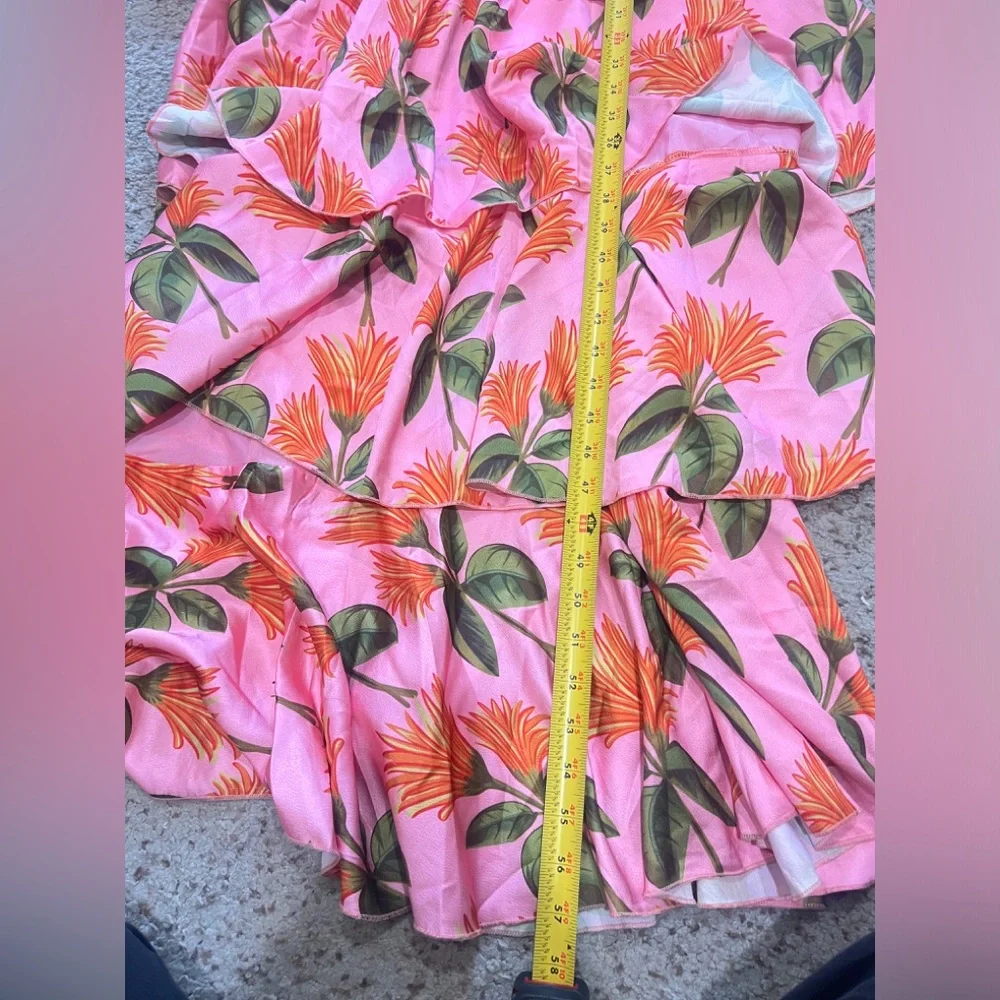 LULUS Party In Palm Springs Pink Floral Tiered Maxi Dress Satin Size medium - Picture 11 of 13
